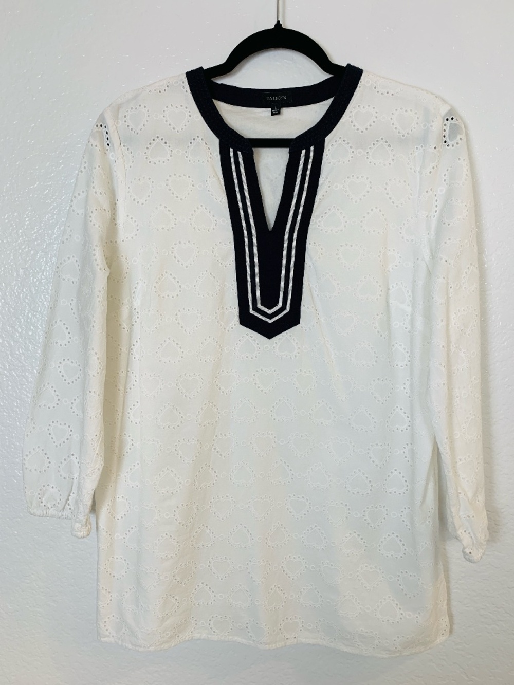Talbots White Heart Eyelet Cotton Tunic Blouse Womens Large Navy Trim Shirt Top